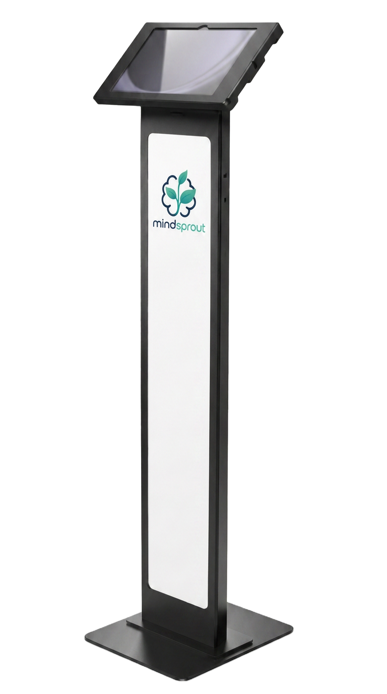 MindSprout branded floor-standing tablet kiosk for classroom check-ins